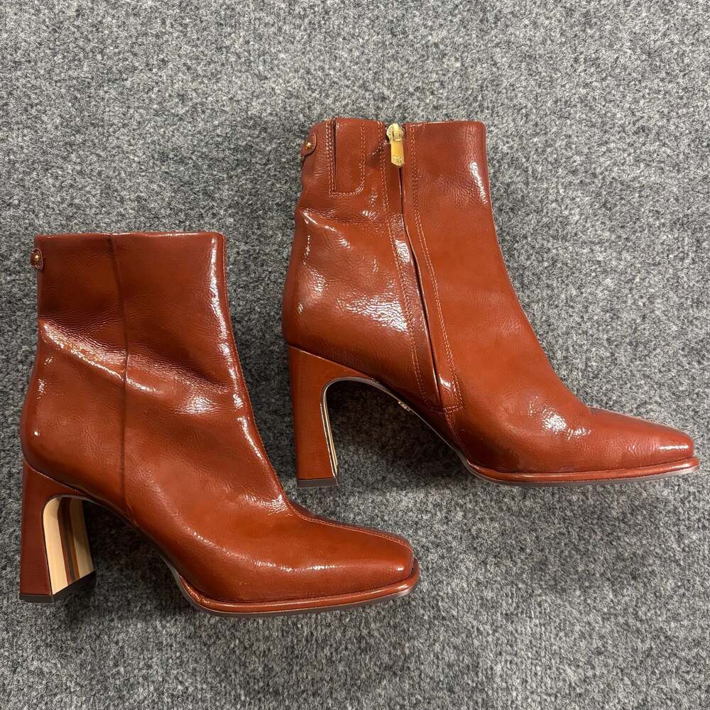 Sam Edelman Irie Square Toe Ankle Bootie in Brown Patent Leather